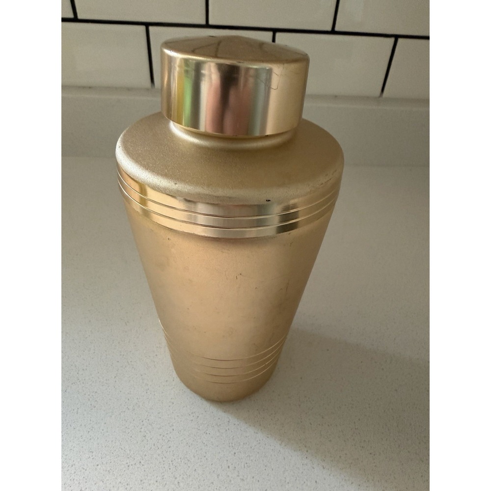 VTG Mirro Gold Tone Aluminum Cocktail Shaker w Strainer Barware MCM Retro USA